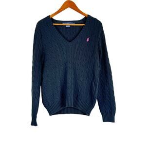 Ralph Lauren Classic Black 100% Cotton V-Neck Cable Knit Spring Sweater  M-L